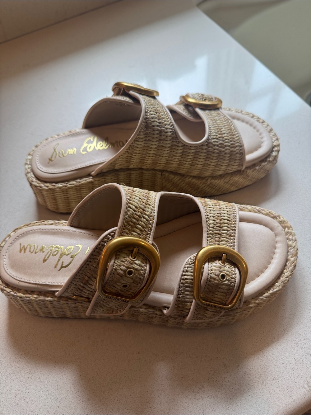 Sam Edelman Beige Raffia Platform Slide Sandals with Gold Buckles